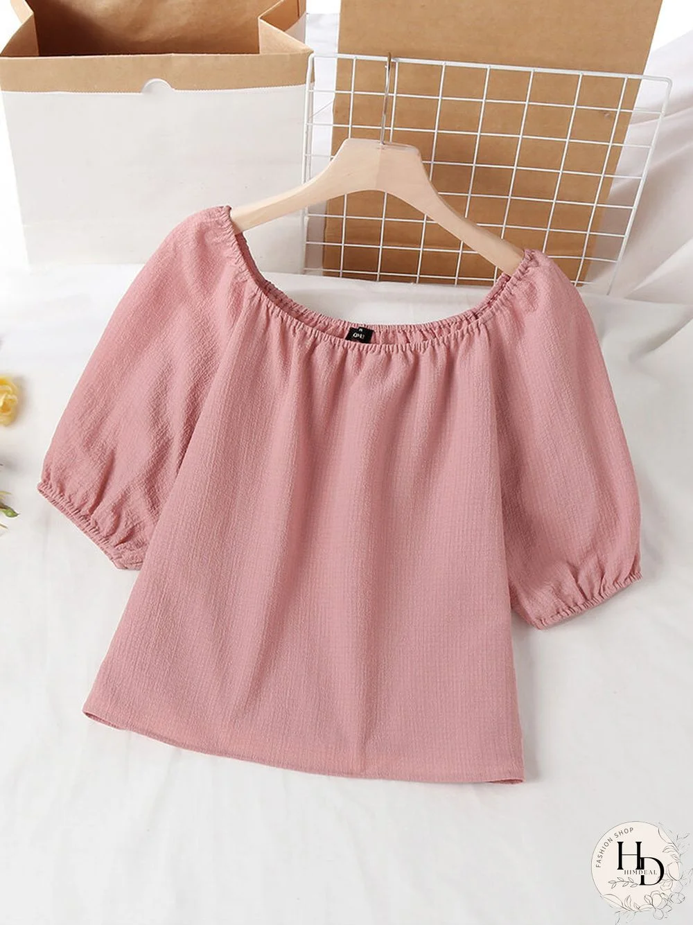 Elastic Shoulder Pleats Puff Sleeve Casual Blouse