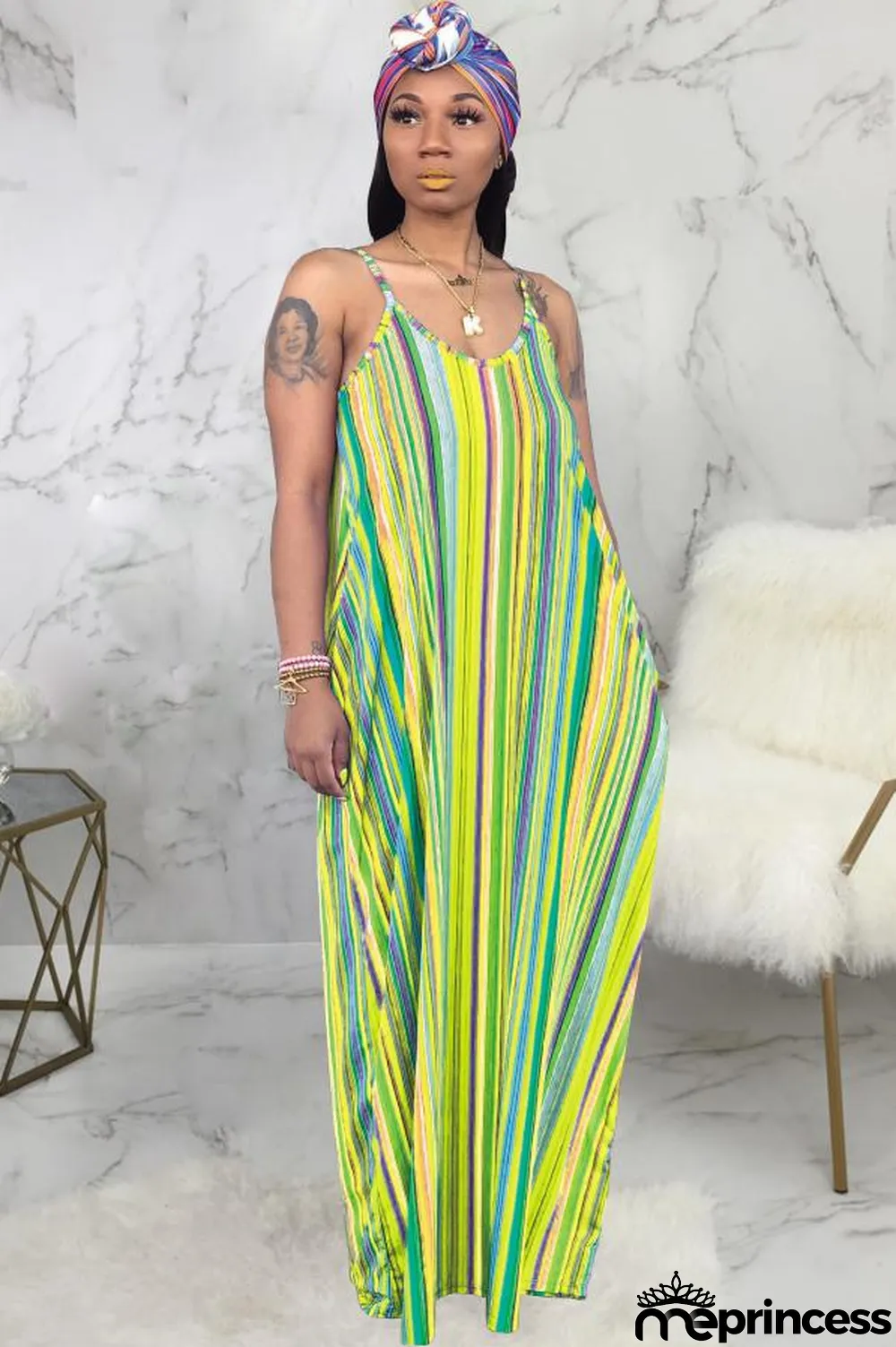 Green Polyester Sexy Fashion Tank Sleeveless Slip A-Line Floor-Length Print asymmetrical Striped Patchwork