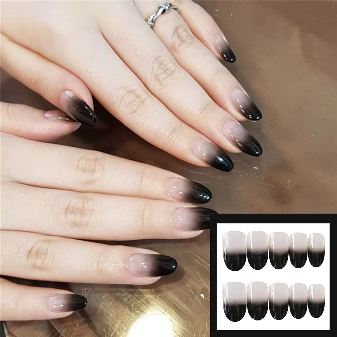 24pcs/Set Middle Long Black Gradient False Nails Pre-design Round Head Nail Art Decoration Fake Beauty Nail Tools Detachable 515