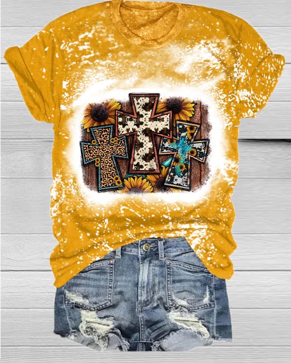 Western Calf With Leopard Sunflower Cross Printed V Neck T-shirt