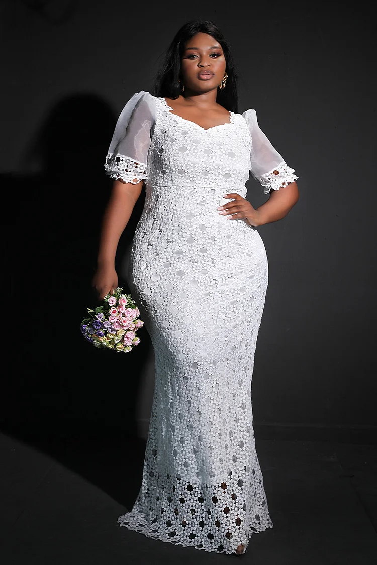 Xpluswear Design Plus Size White Formal Wedding Summer Plain Lace Hollow Out Puff Sleeves V Neck Sweep Maxi Dress