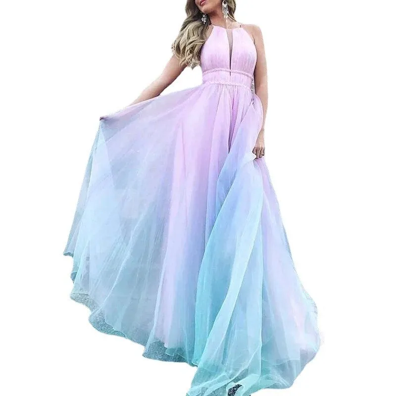 Summer Mesh Long Mesh Dress Women High Waist Sling Backless Bodyocn Party Dress Evening Dresses