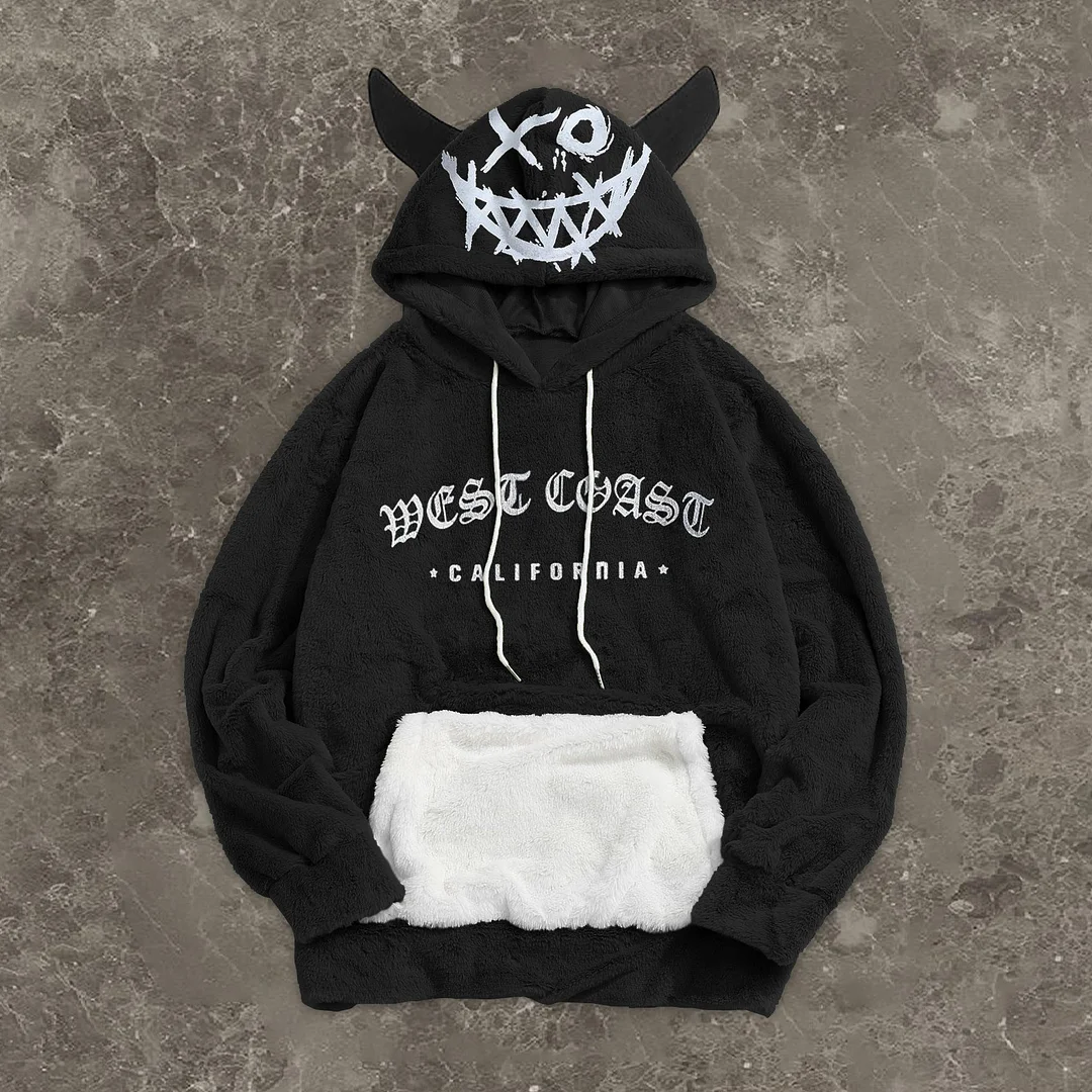 Plush Print Bunny Ear Contrast Hoodies