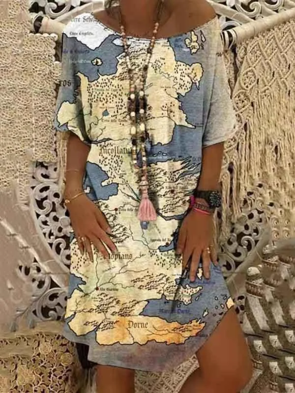 Women Short Sleeve Round Neck Printed Midi Dress