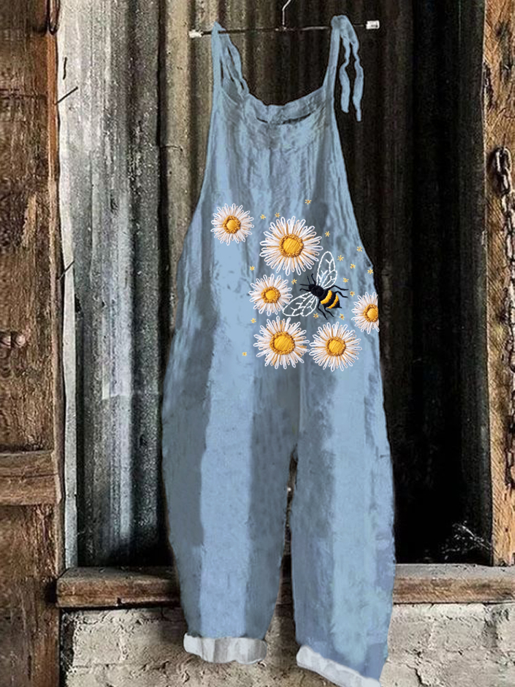 Comstylish Bee & Daisy Embroidered Pattern Linen Blend Casual Jumpsuit