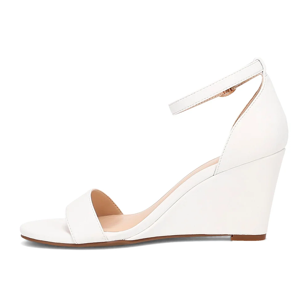 White Faux Leather Round Toe Buckle Ankle Strap Wedge Sandals