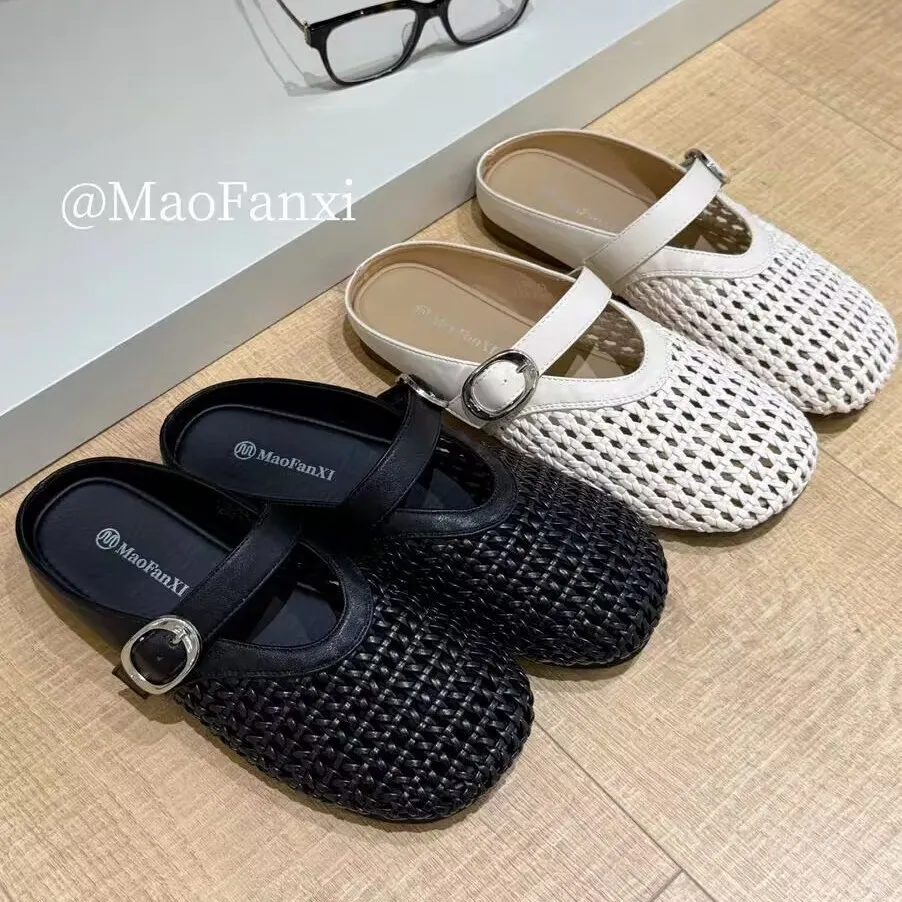 Yyvonne Woven Hollow Bag Head Cool Slippers Women 2025 New One-Word Single Shoes Casual Hole Shoes
