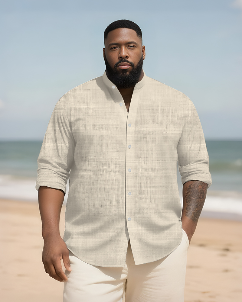 Big & Tall Men's Daily Solid Color Bamboo Hemp Texture Stand Collar Long Sleeve Shirt