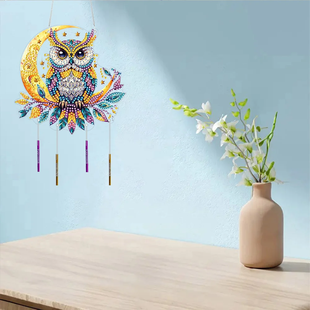 DIY Owl Double Sided Acrylic Special Shape Diamond Painting Wind Chime