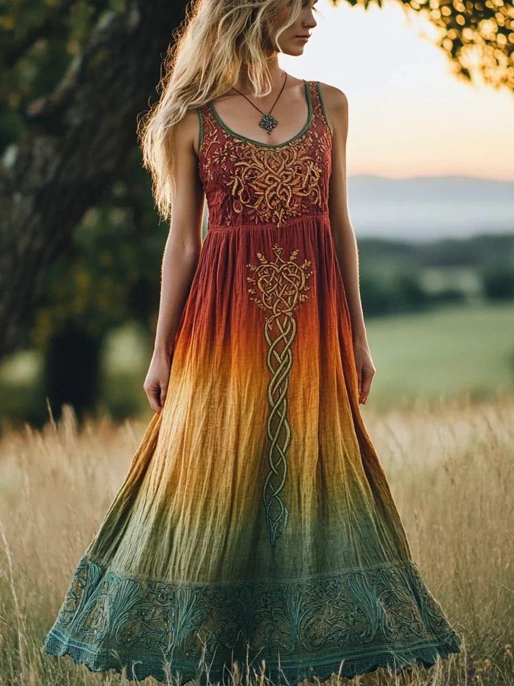 Viking Celtic Knot & Floral Print Women's Vintage Vest Dress