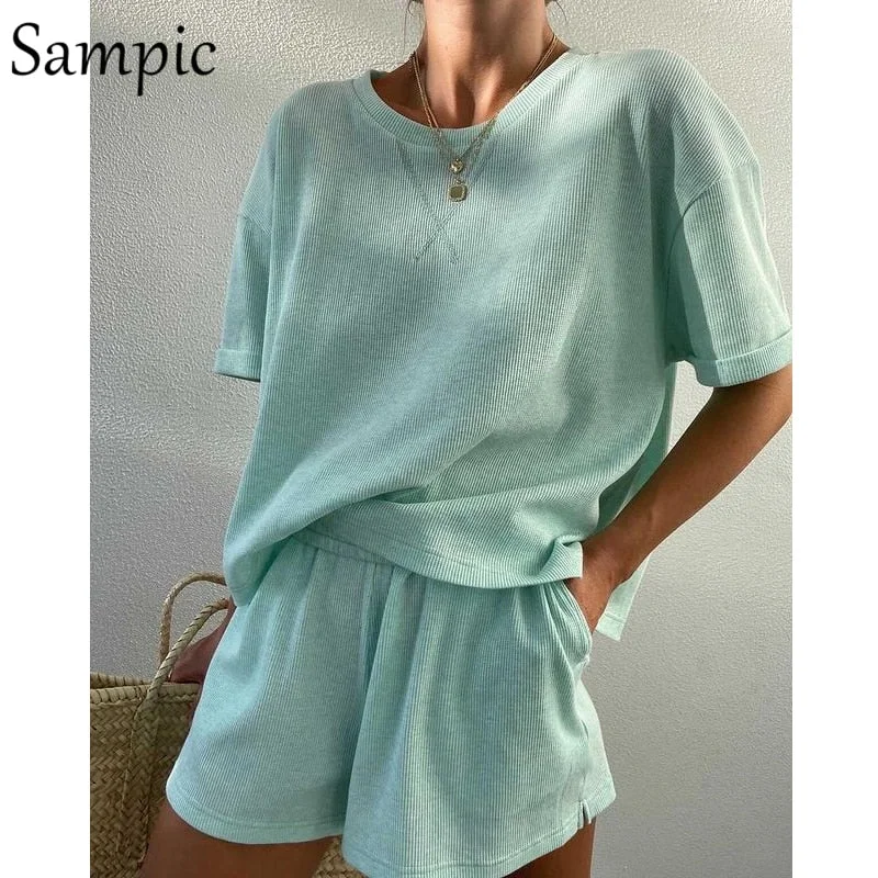 Sampic 2021 Causal Summer Lounge Wear Women Tracksuit Shorts Set Loose Short Sleeve T Shirt Tops And Mini Shorts Two Piece Set