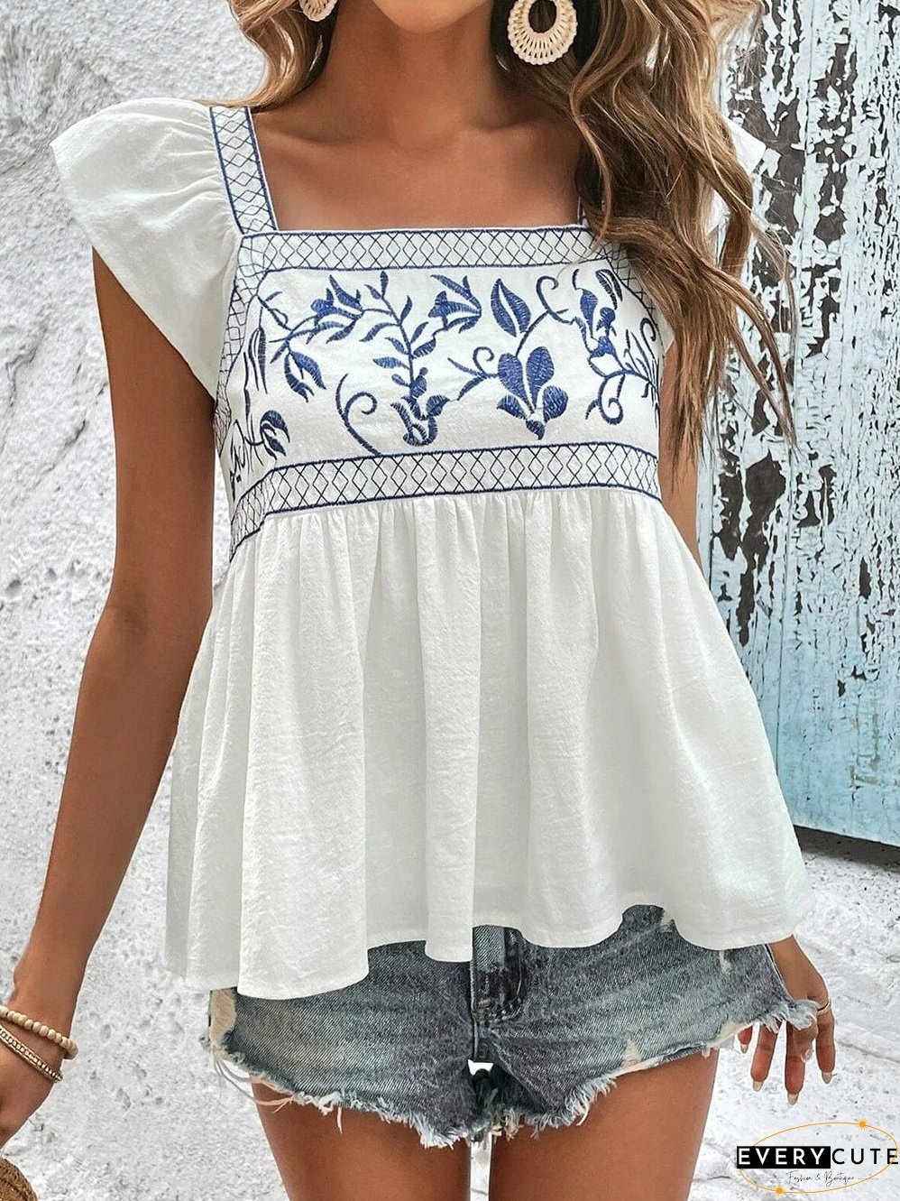 White Summer Peplum Top with Embroidery