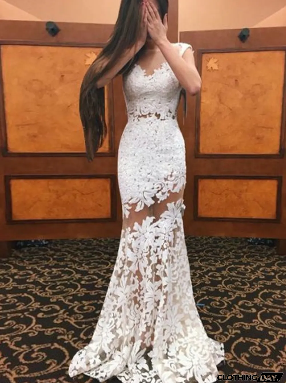 White Floral Lace Long Evening Dress