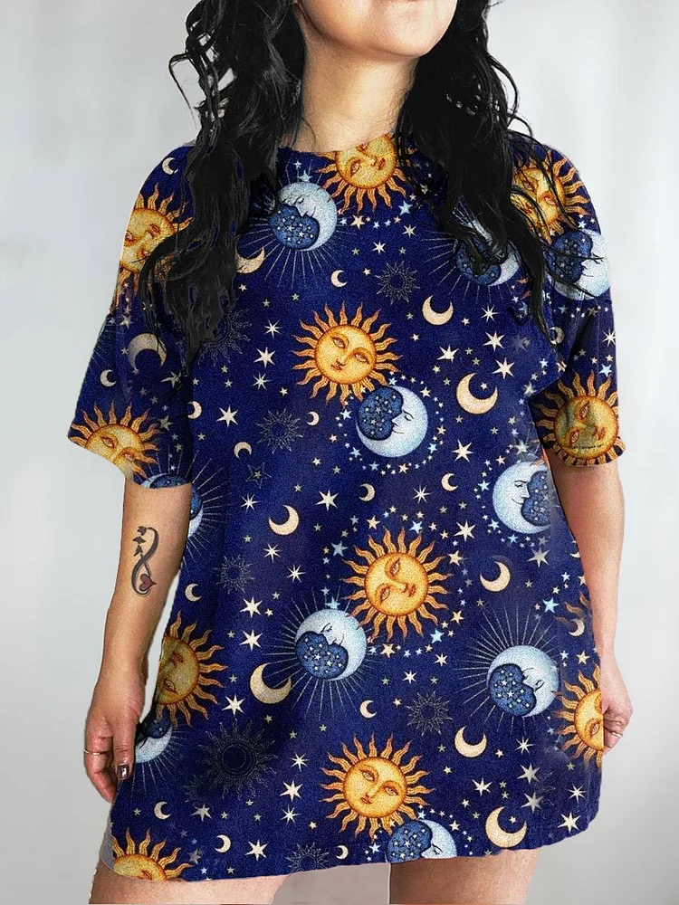 Women's Sun And Moon Art Print Crew Neck Causl Shirt