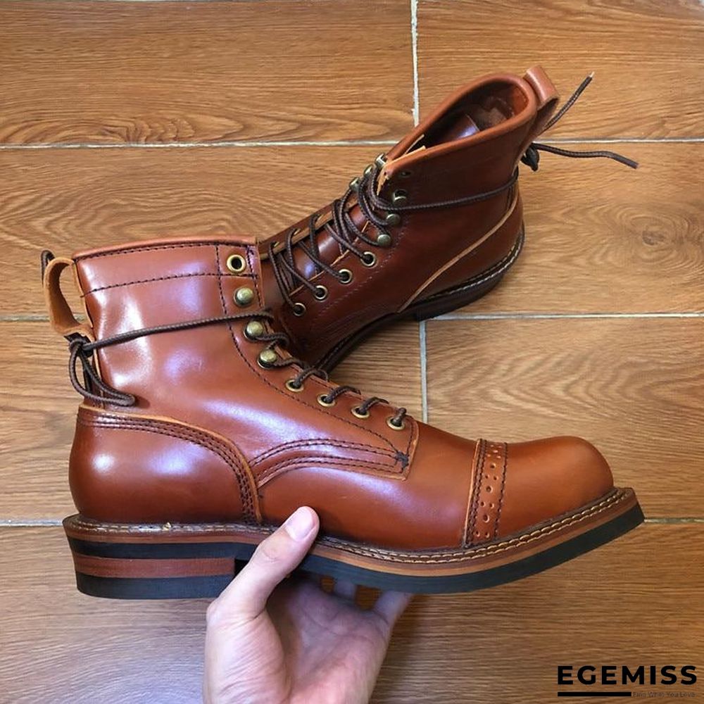 Genuine Genuine Leather Lace-Up Vintage High Quality Tooling White Ankle Boots Motorcycle Boots | EGEMISS