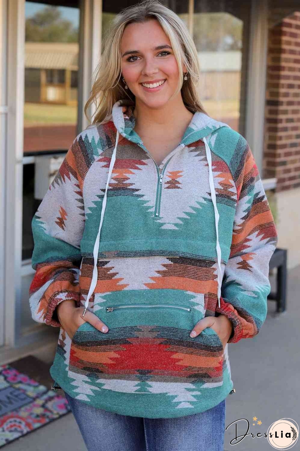 Geometric Half-Zip Drawstring Hoodie