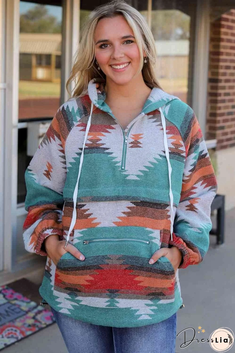 Geometric Half-Zip Drawstring Hoodie