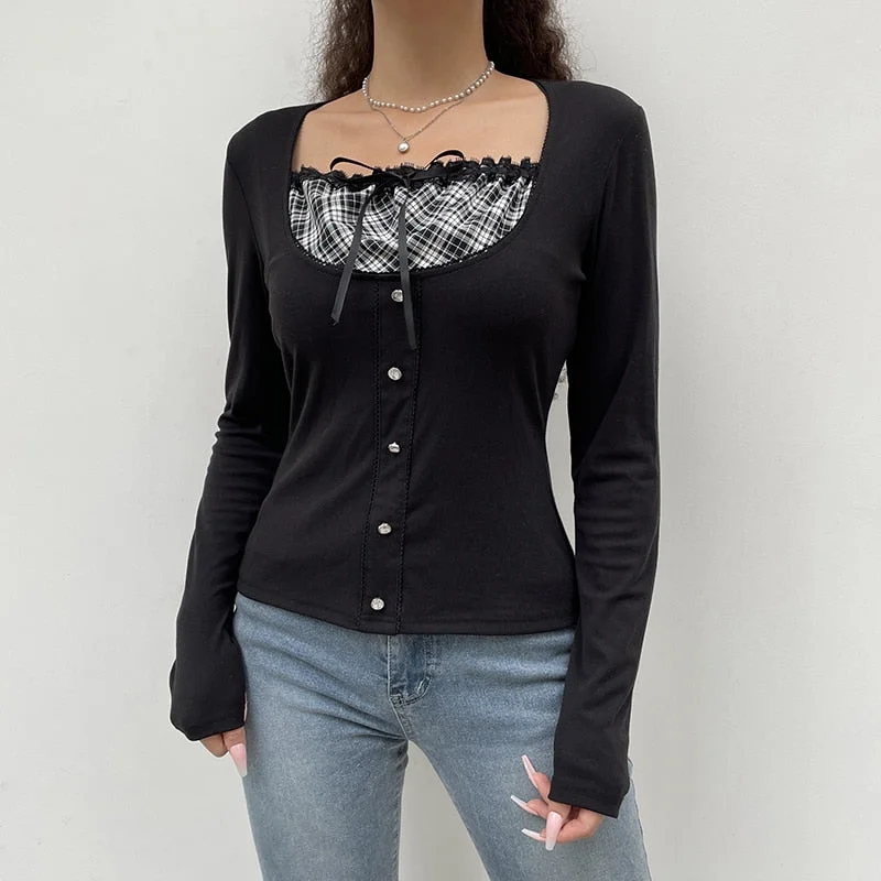 Rapcopter y2k Striped Frill Crop Top Bow Cute Sweet T Shirt Long Sleeve Square Collar Button Tee Vintage Casual Women Pullovers