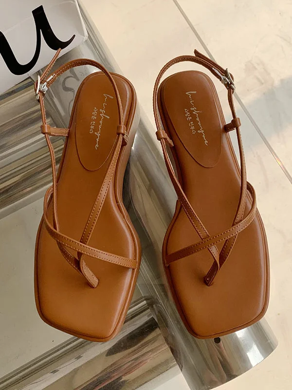 Belt Buckle Hollow Solid Color Square-Toe Platform Shoes Sandals