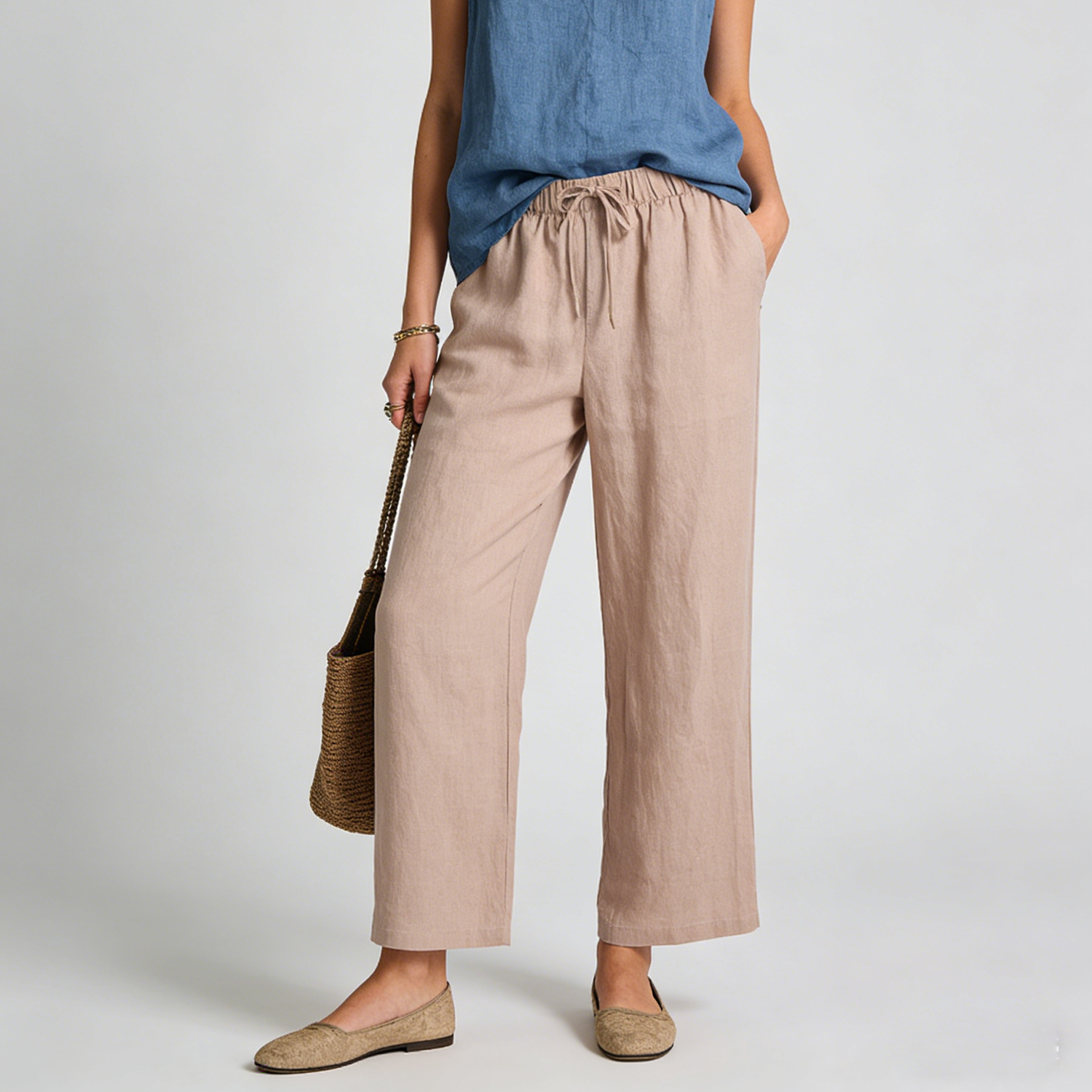 Linen Pants Women 100% Linen Drawstring Wide Leg Trousers Easy Care REAL SILK LIFE