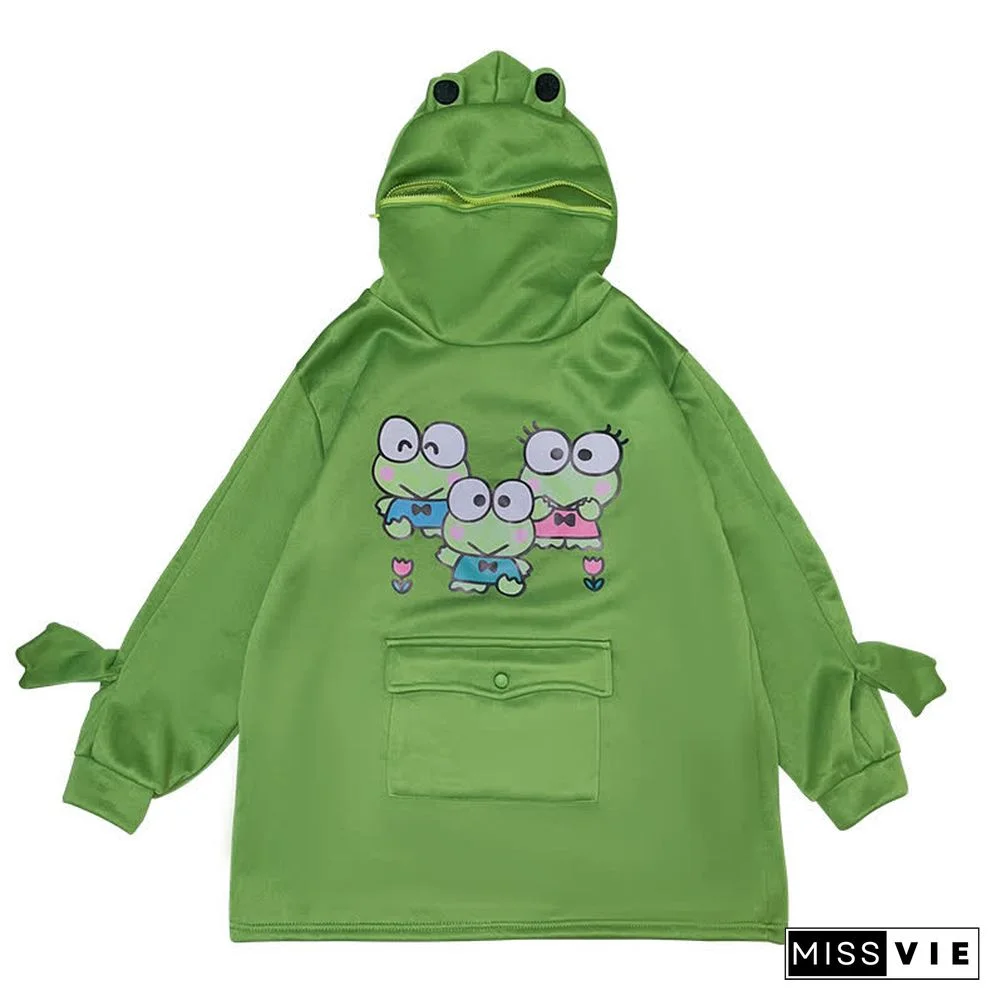 Cartoon Frog Print Pocket Plush Zipper Hoodie