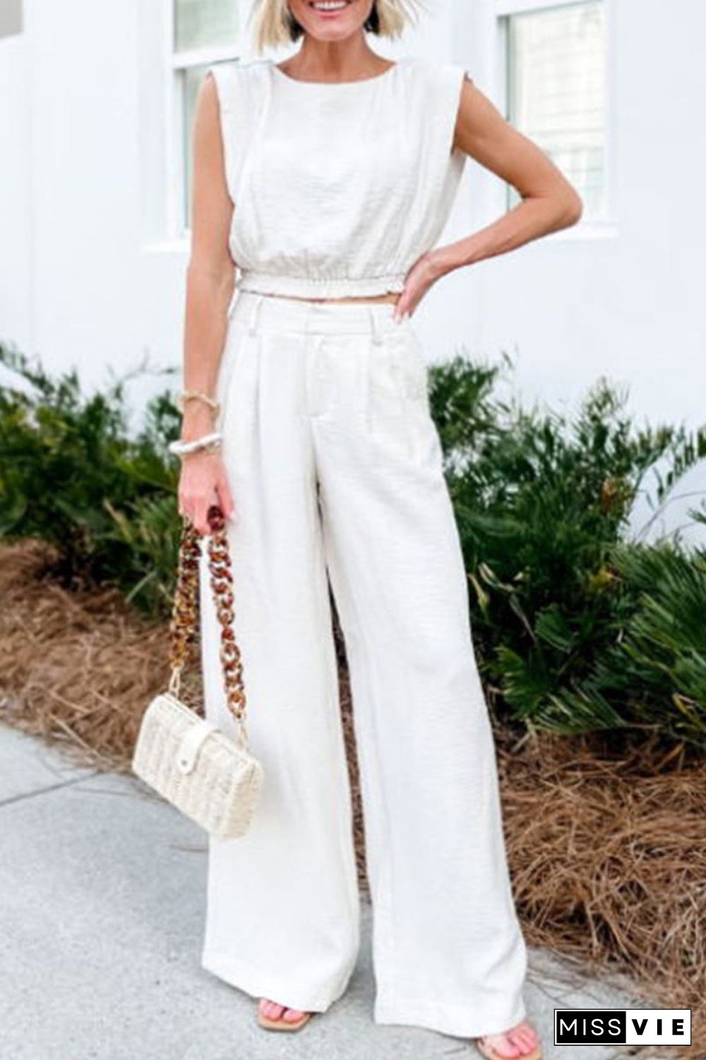 Casual Solid Pocket O Neck Sleeveless Two Pieces