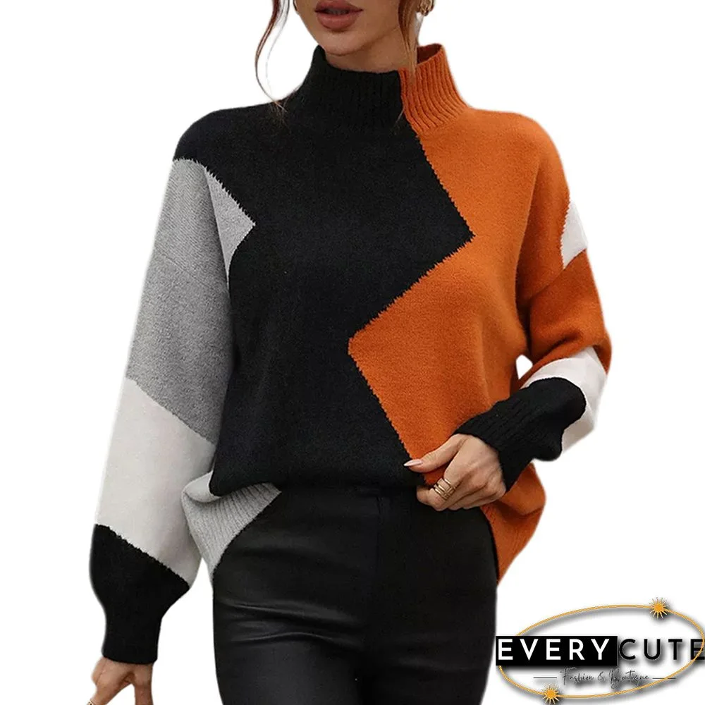 Orange Color Block Crew Neck Knit Pullover Sweater