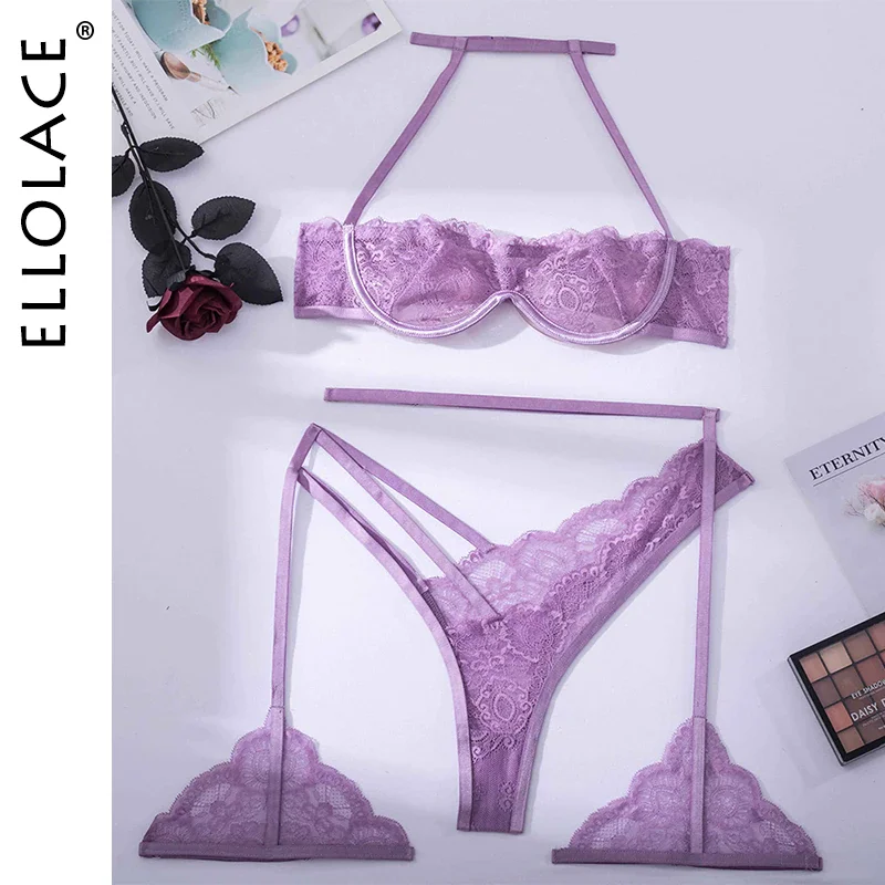 Billionm Lingerie Halter Cup Bra Transparent Lace Erotic Outfits Naked Woman Pornography Extreme Sexy Lavender Intimate 3-Pieces