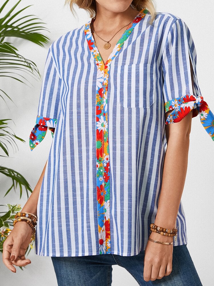 Flower Striped Print Patchwork Knotted Slit Sleeve V Neck T Shirt With Pocket P1832303