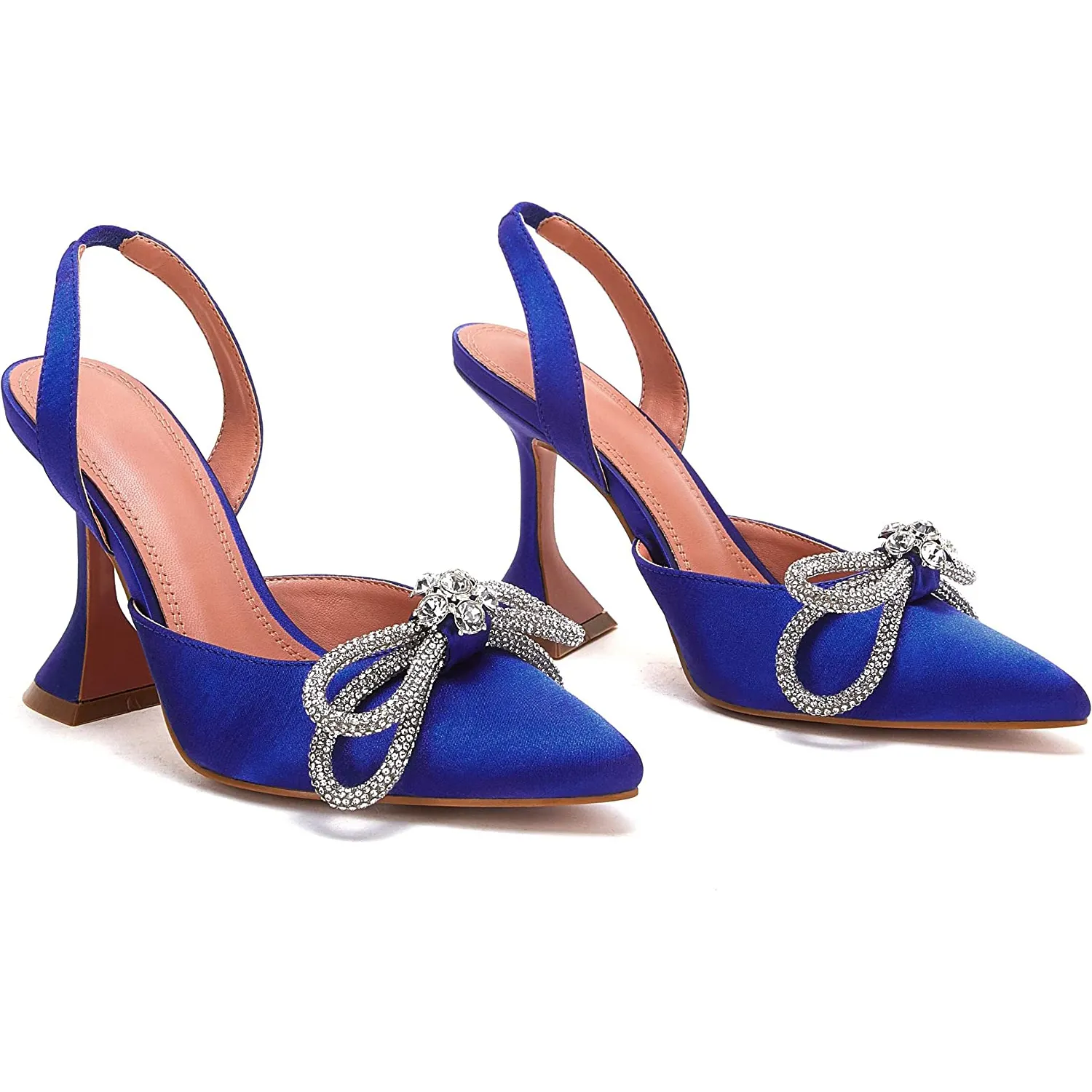 95mm Womens Heeled Sandals Point Toe Slingback Rhinestones Bowknot Crystal Party Wedding Dressy Shoes-vocosishoes
