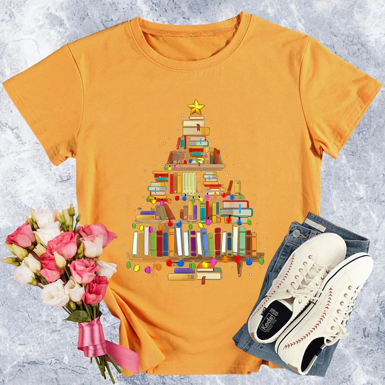 Book Christmas Tree Round Neck T-shirt