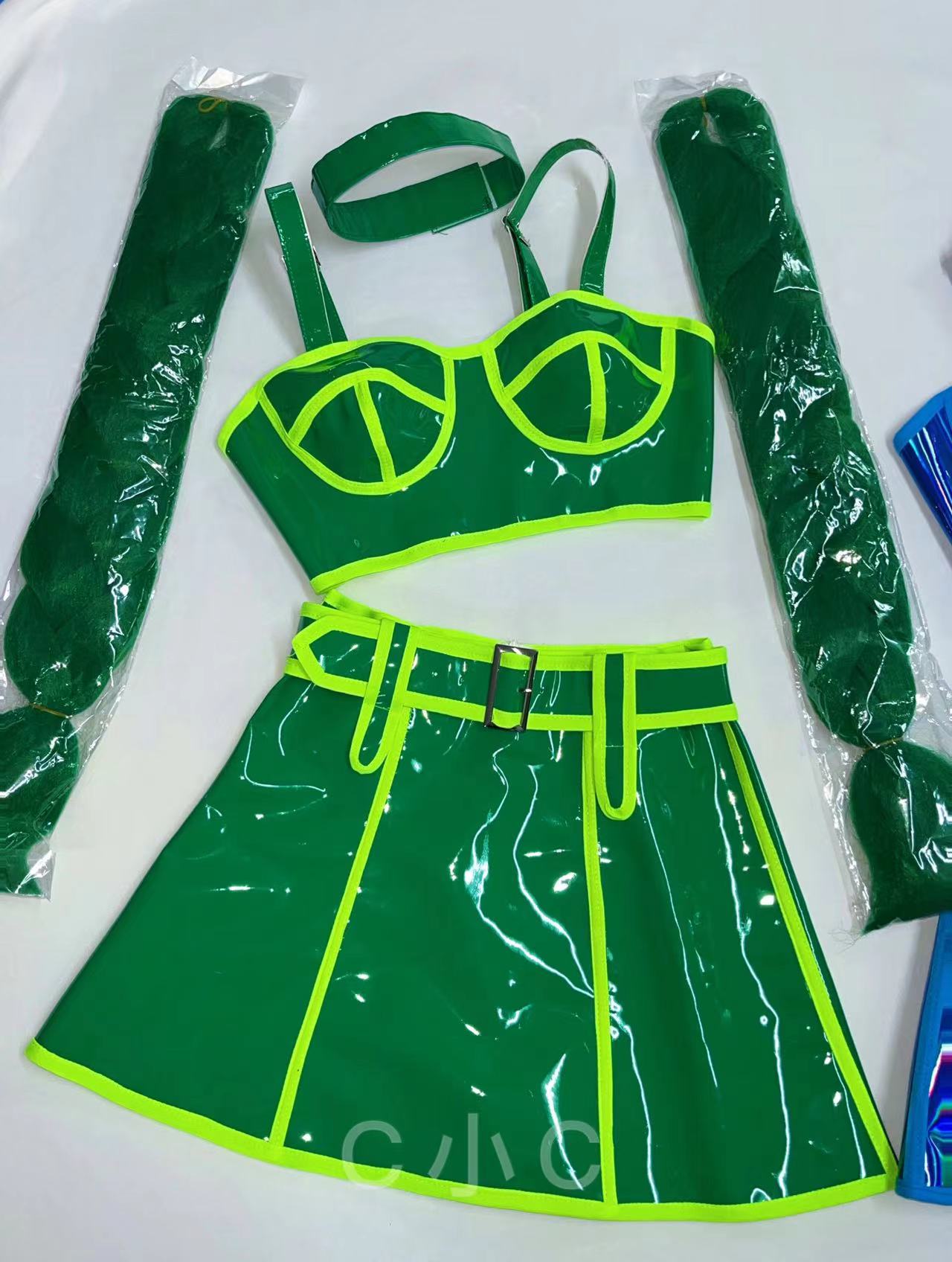 VCSHOES Leather Bar Gogo Dance Costume Fluorescent Laser Tops Skirt Braid Wig Stage Rave Outfit Festival Party Show Performance
