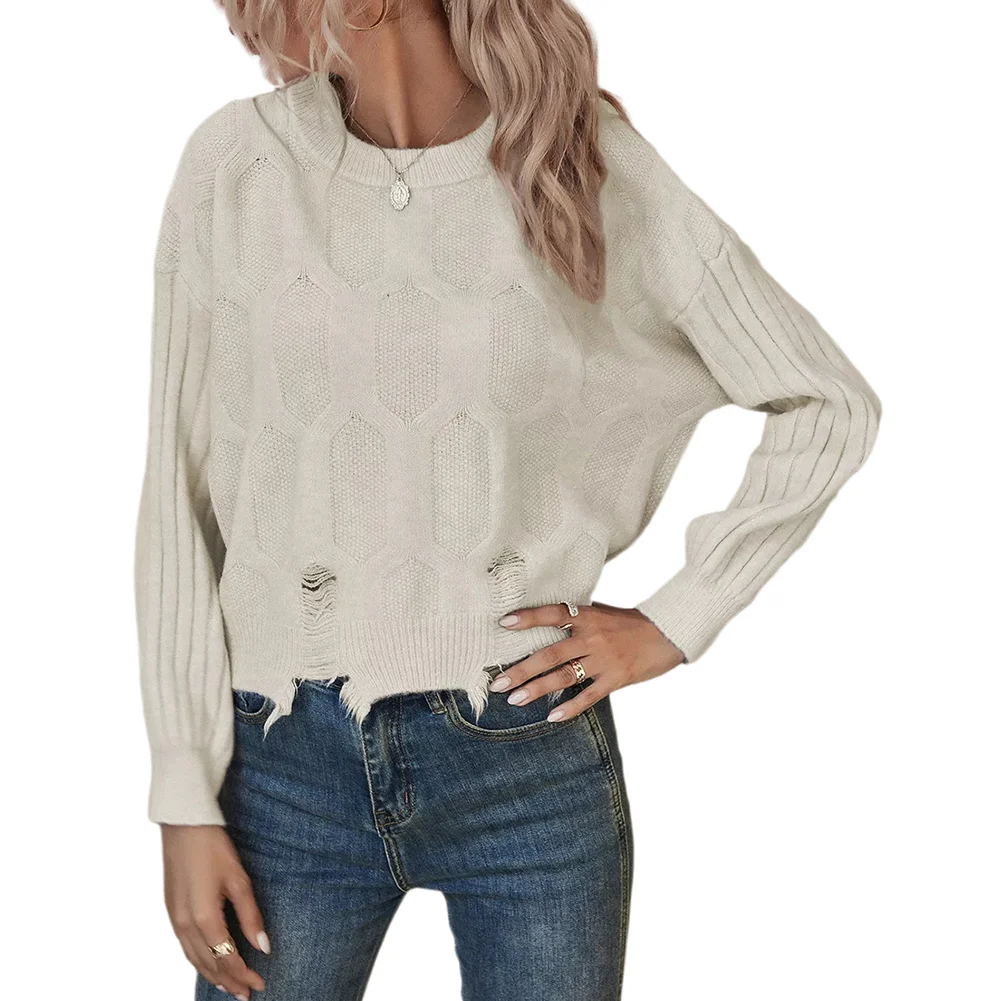 White Short Style Distressed Knit Sweater