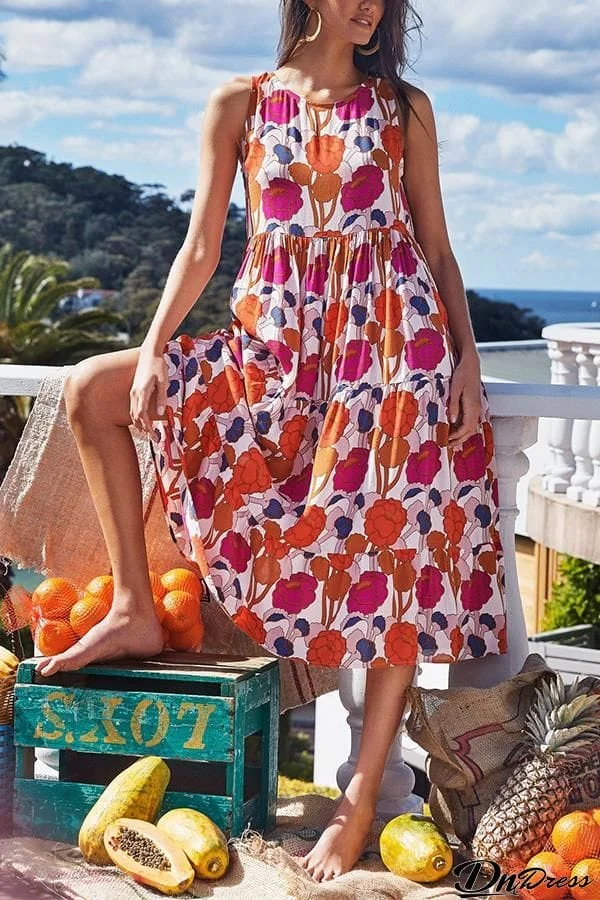 Fashion round neck printed beach dress