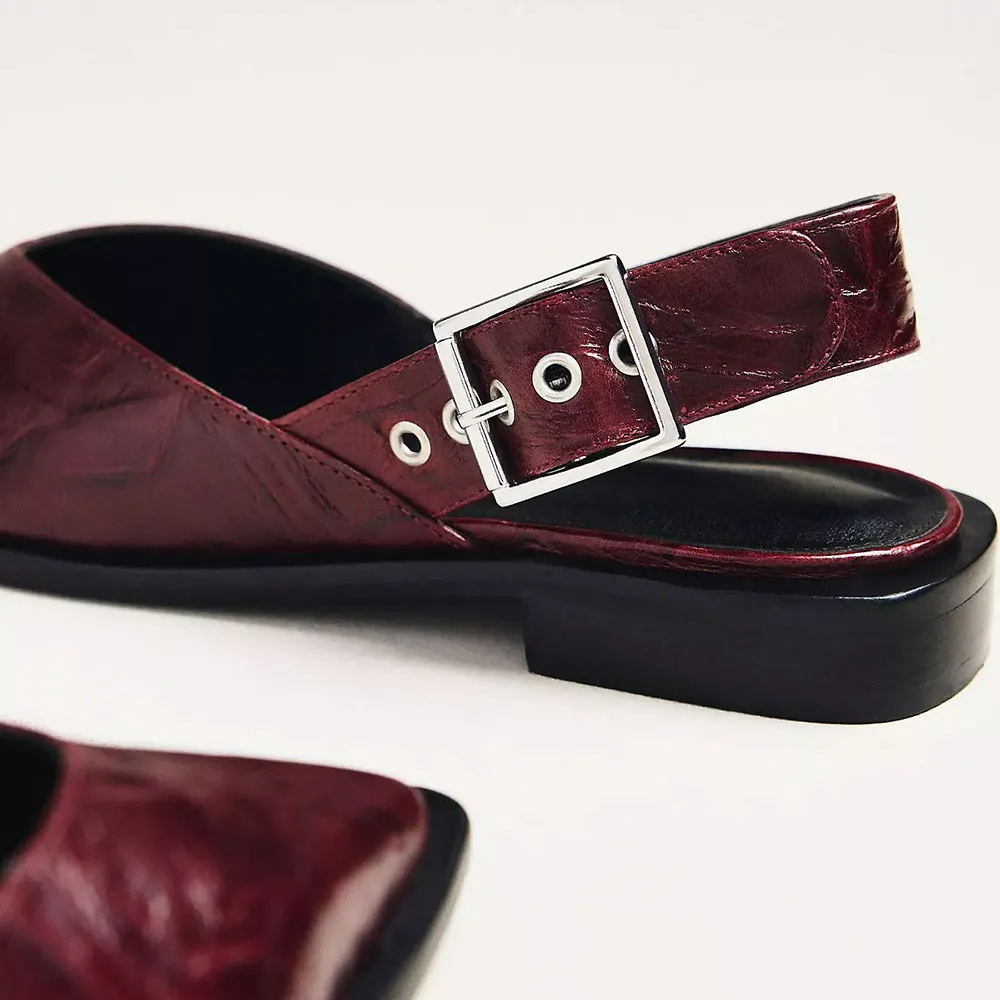 Retro Maroon Vegan Leather Slingback Flat Buckled Closed Toe Shoes
