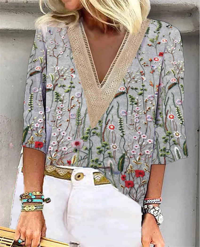 Casual Floral Lace Print Loose V-Neck Top 