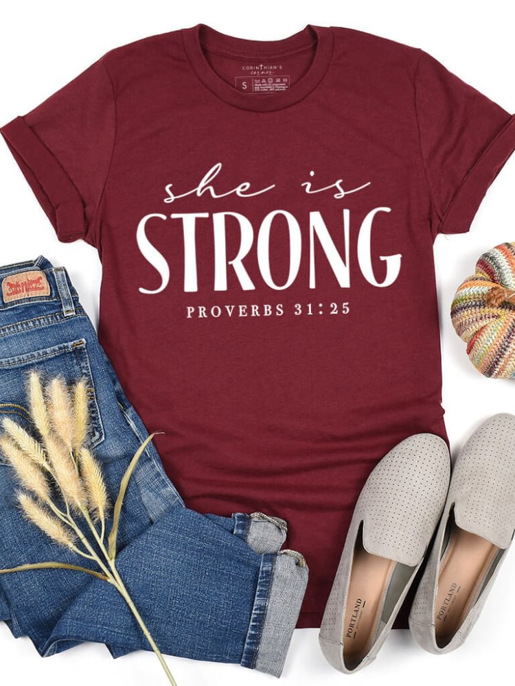 She Is Strong Letter Print Short Sleeve T Shirt