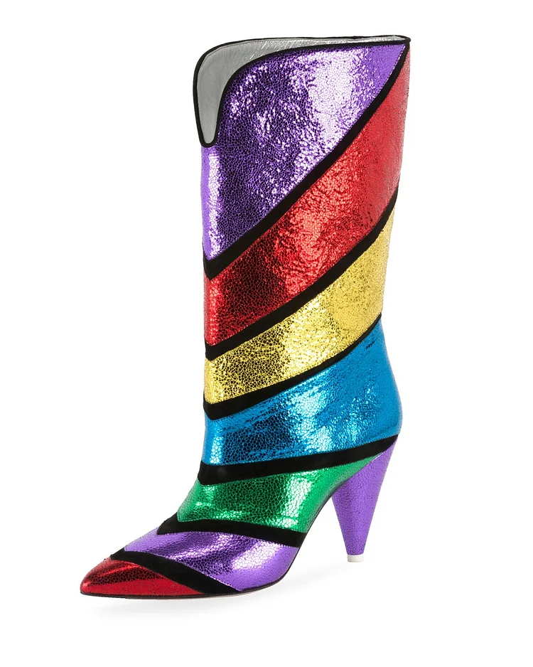 Multicolor Pointed Toe Cone Heel Color Block Mid-Calf Boots |FSJ Shoes