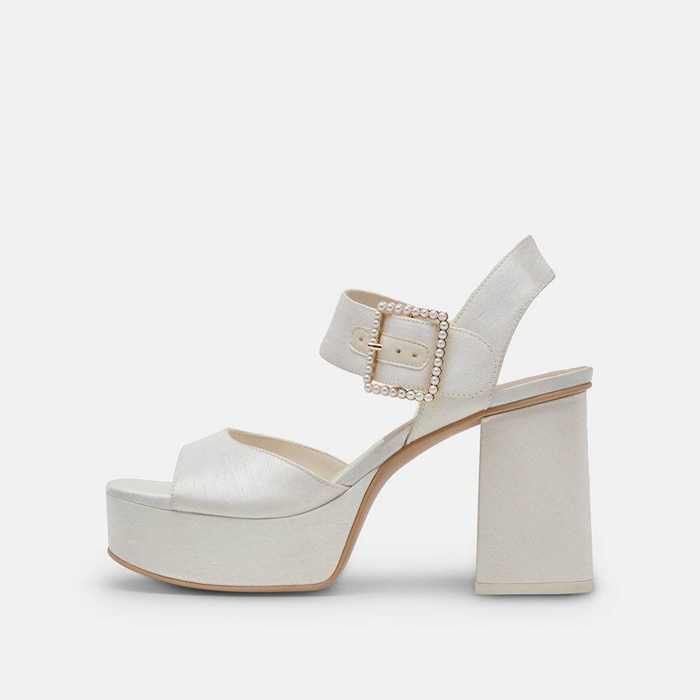 White Pearl Buckle Chunky Heel Ankle Strap Platform Wedding Sandals Nicepairs