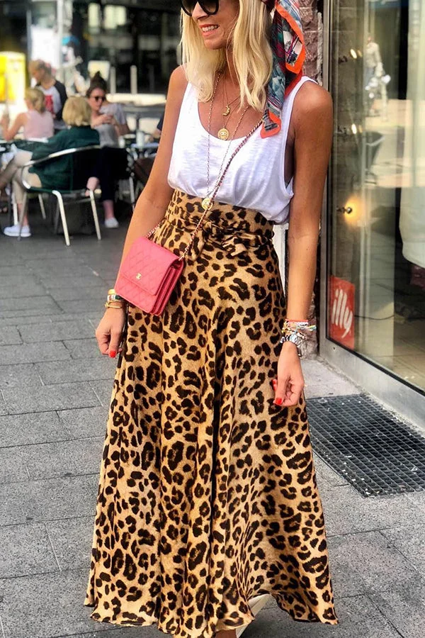 Today’s Journey Satin Leopard Tie Front Elastic Waist Midi Skirt