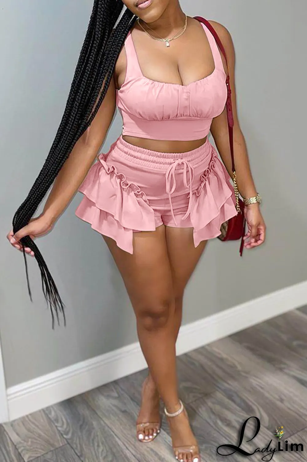Rose Red Sexy Solid Flounce Square Collar Sleeveless Two Pieces