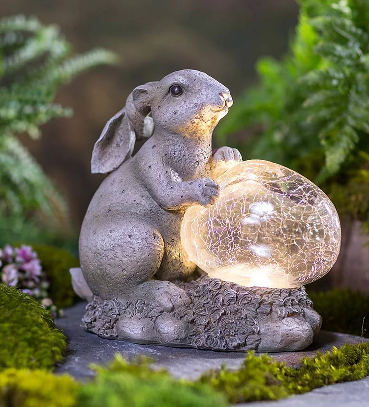 Bunny Sculpture With Solar Lighted Crackle Glass Orb
