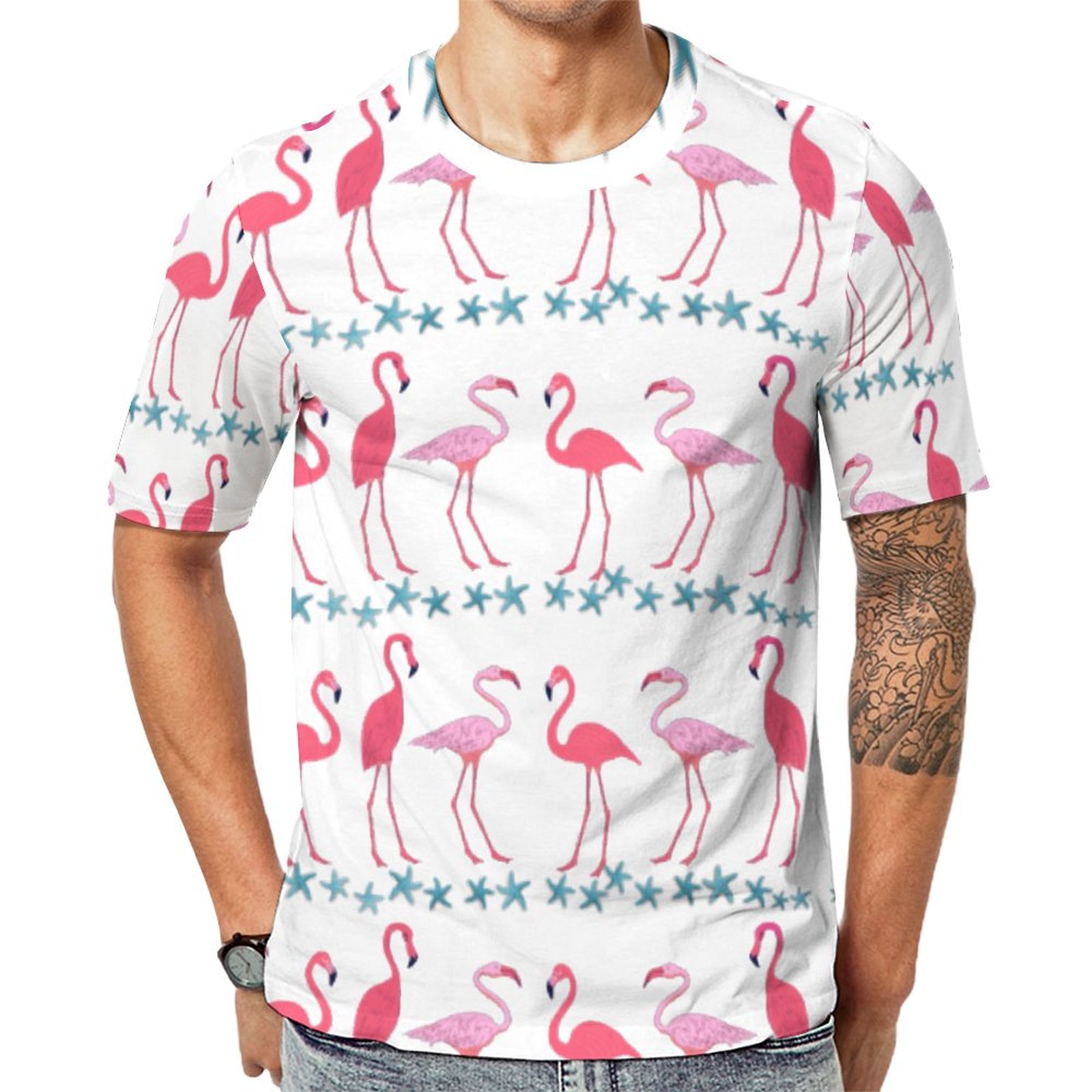 Flamingos Starfish Navy Blue Short Sleeve Print Unisex Tshirt Summer Casual Tees for Men and Women Coolcoshirts