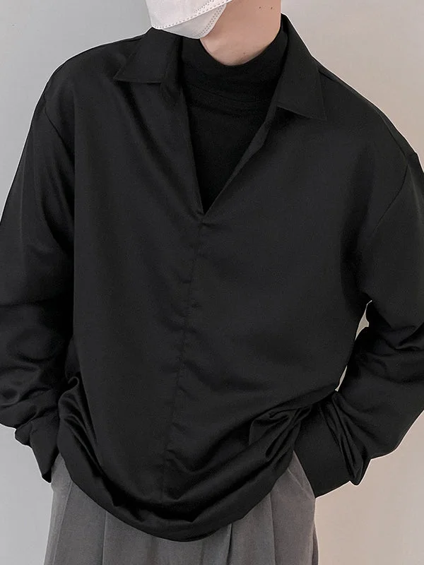 Aonga - Mens V-Neck Lapel Buttonless Long Sleeve ShirtsJ