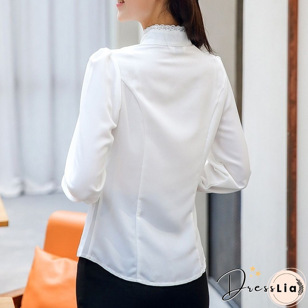 Womens Satin Silk-like Long Sleeve Office Slim Shirt Frill Drape Ruffle Trim Stand Collar Blouse Top