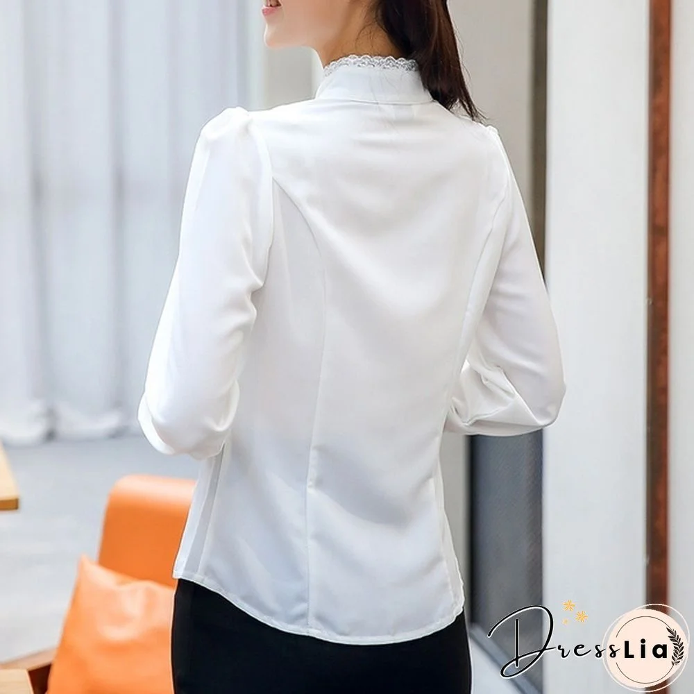 Womens Satin Silk-like Long Sleeve Office Slim Shirt Frill Drape Ruffle Trim Stand Collar Blouse Top