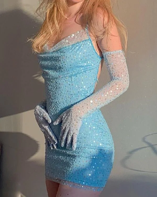 Sexy Blue Sequins Backless Mini Prom Dress with Gloves
