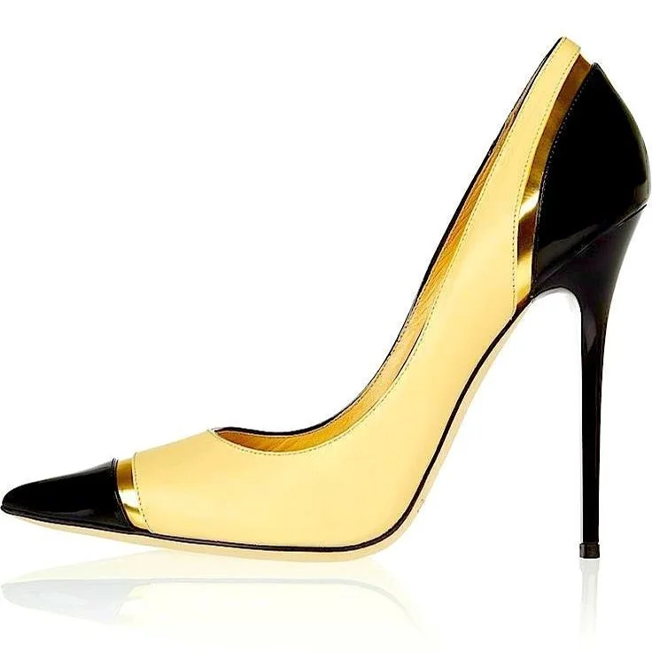 VDCOO Yellow and Black Pointy Toe Stiletto Heels for Ladies Vdcoo