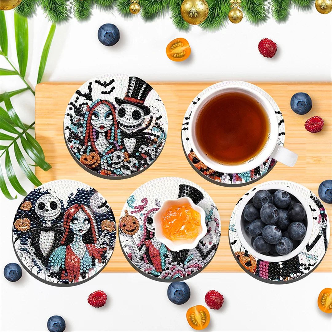 8pcs Cartoon DIY Diamond Painting Wooden Coasters Kits with Holder (Skeleton)