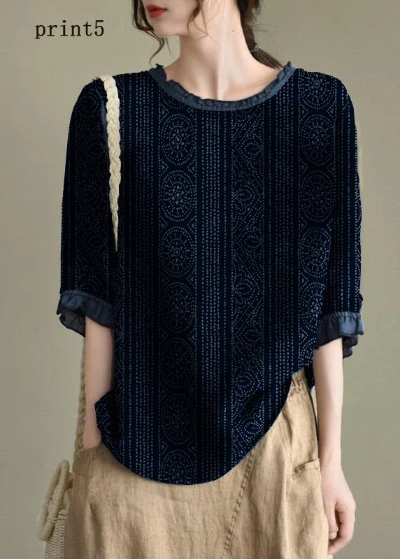 Handmade Navy-print5  lantern Sleeve O-Neck Embroidered Summer Ramie Blouses
